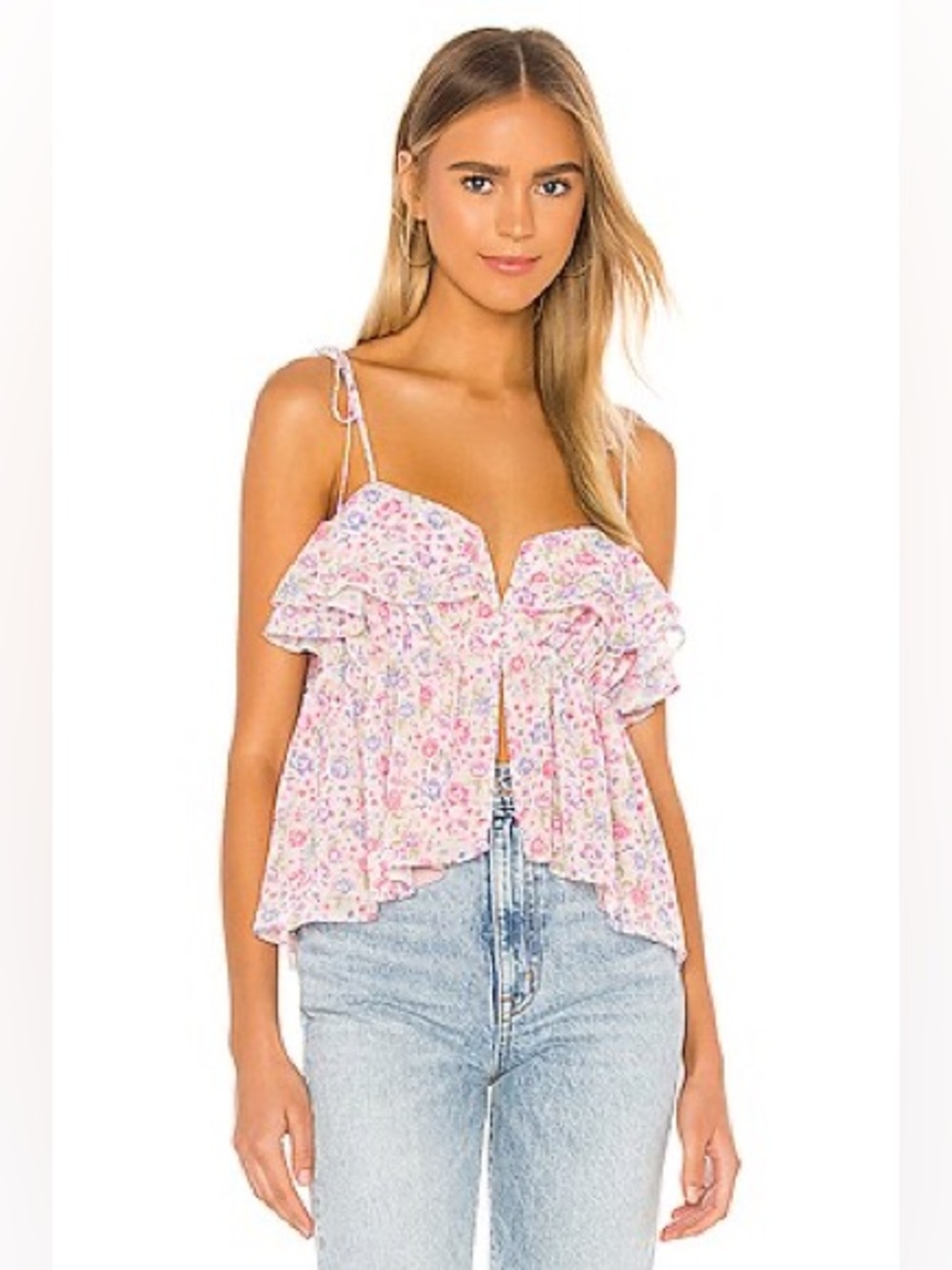 LPA Kornelia Pink Floral Ruffle Tie-Shoulder Camisole Top Women's Small